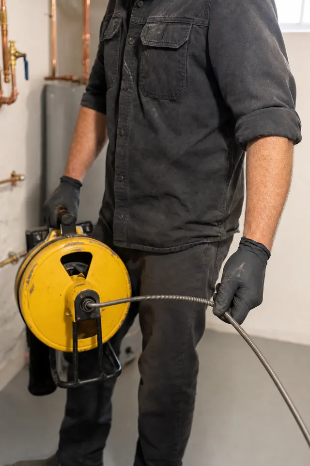 Drains ML technician gripping a professional drain auger in a Montréal basement